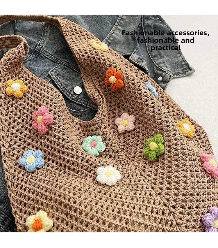 Hollow Mesh Knitted Shoulder Bag Beach Vacation Slouchy Chic Cartoon Tote Bag Lightweight Laid-Back Casual Woven Women Handbag