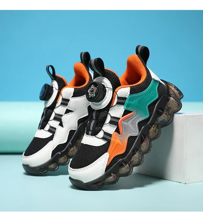 Children Shoes Thick Soled Running Rotary Buckle Kids Sports Casual Tennis For Girls Boys Outdoor Mesh Breathable Unisex Sneaker