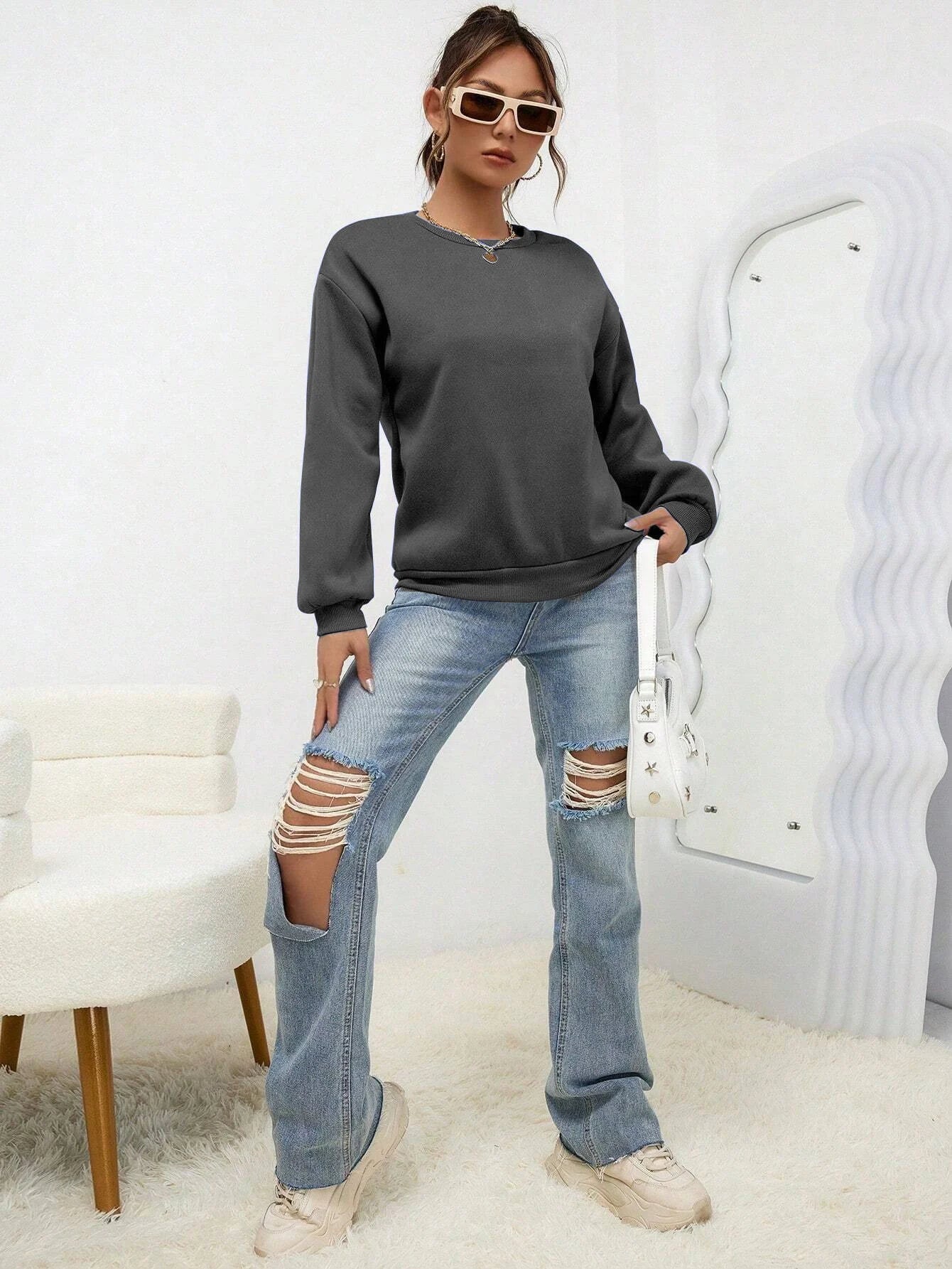 Women’s Casual Solid Color Hoodie – Loose Crewneck Autumn Pullover