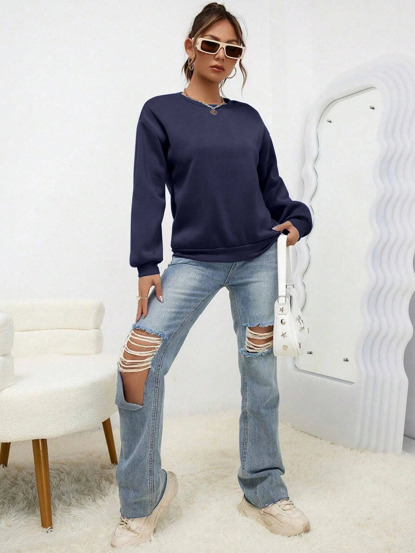 Women’s Casual Solid Color Hoodie – Loose Crewneck Autumn Pullover