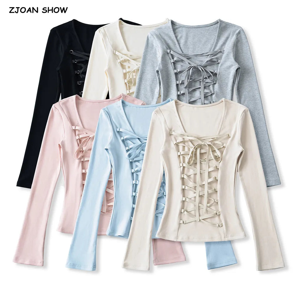 Crisluvᵀᴹ Women’s Y2K Lace-Up V-Neck Cropped Long Sleeve Top