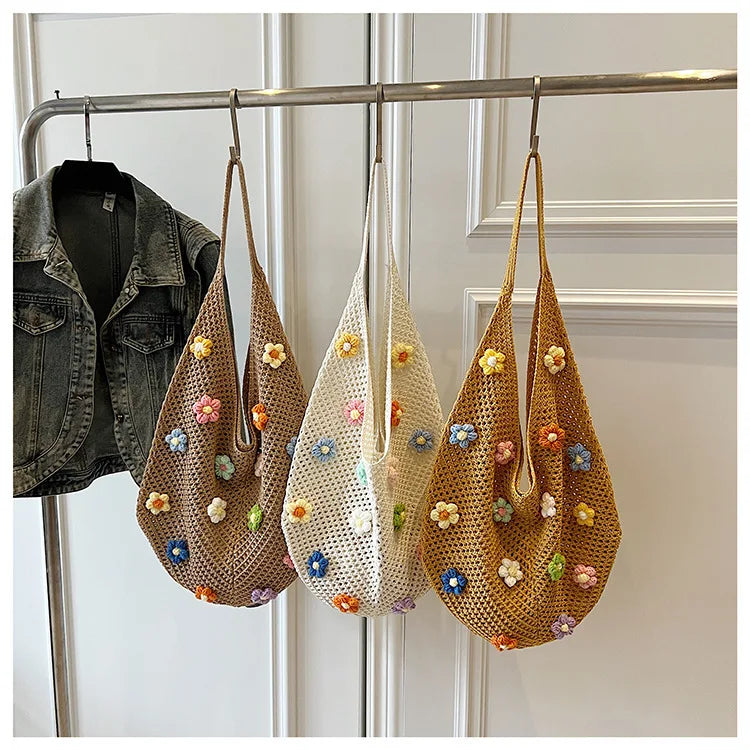 Hollow Mesh Knitted Shoulder Bag Beach Vacation Slouchy Chic Cartoon Tote Bag Lightweight Laid-Back Casual Woven Women Handbag