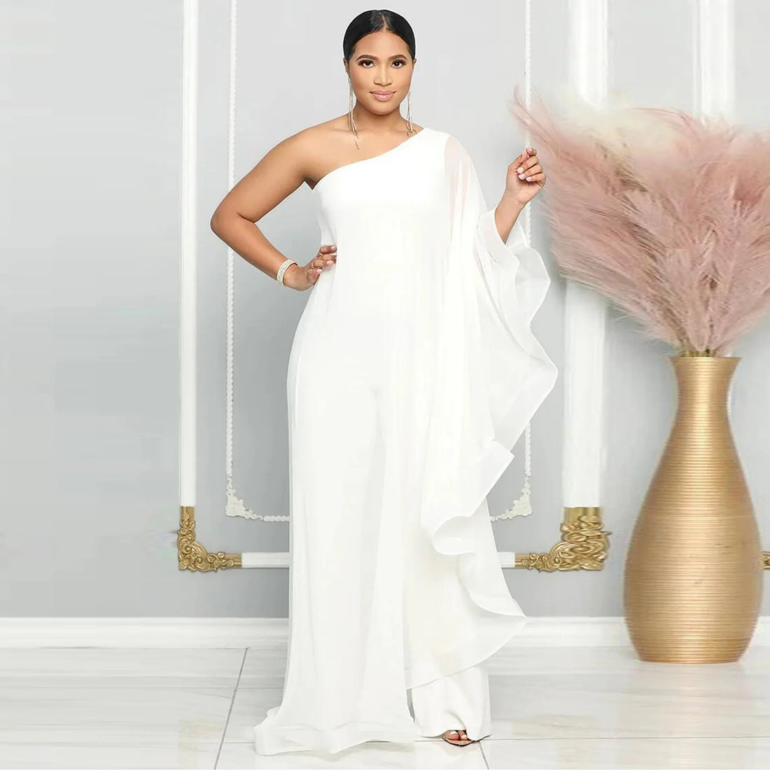 Crisluvᵀᴹ One-Shoulder Ruffle Sleeve Women’s Jumpsuit Elegant Slim Fit Aysmmetric Fashion Autumn