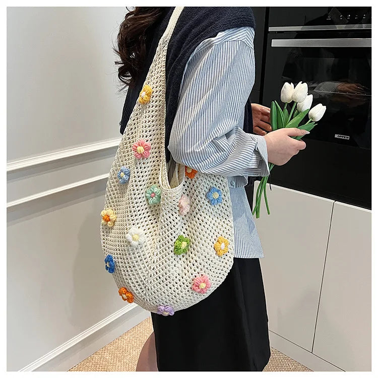 Hollow Mesh Knitted Shoulder Bag Beach Vacation Slouchy Chic Cartoon Tote Bag Lightweight Laid-Back Casual Woven Women Handbag