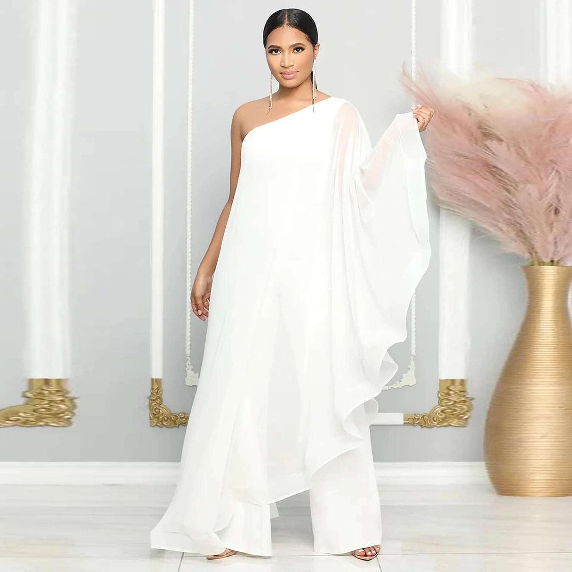 Crisluvᵀᴹ One-Shoulder Ruffle Sleeve Women’s Jumpsuit Elegant Slim Fit Aysmmetric Fashion Autumn