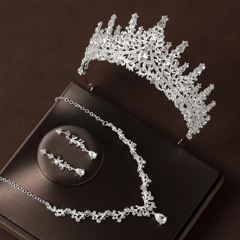 Bridal Wedding Jewelry 4-piece Set, Alloy Crystal Crown&amp;Crystal Necklace&amp;Earrings Women&