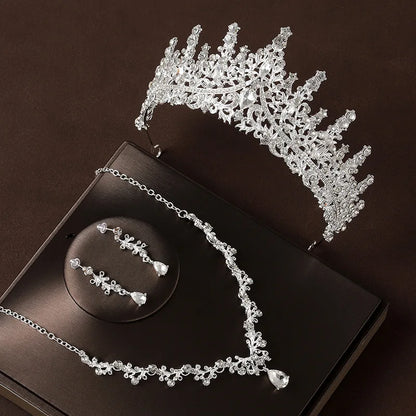 Bridal Wedding Jewelry 4-piece Set, Alloy Crystal Crown&amp;Crystal Necklace&amp;Earrings Women&