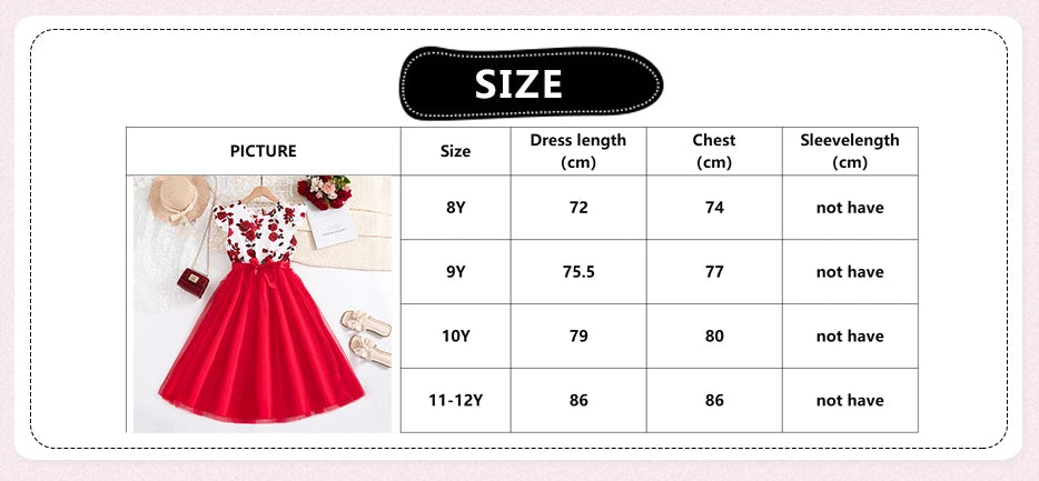 Set For Kids Girl 8-12 Years Ruffled Sleeve Rose Floral Print Tulle Cute Princess Formal Dresses with Belt Ootd For Baby Girls