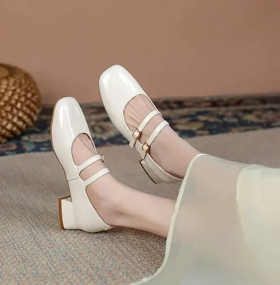 French Patent Leather Mary Jane Shoes – Retro Wine Red Slip-On with Buckle Low Heel