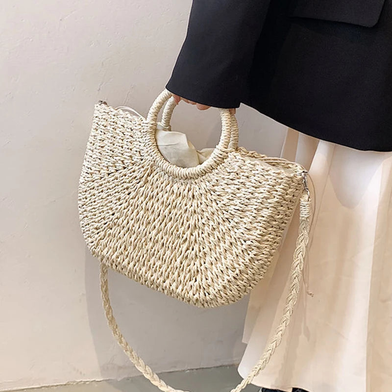 Straw Woven Handbags For Women Handmade Travel Seaside Beach Bag Summer New Handle Bucket Bag Shopping Tote Bag Basket Bolsa