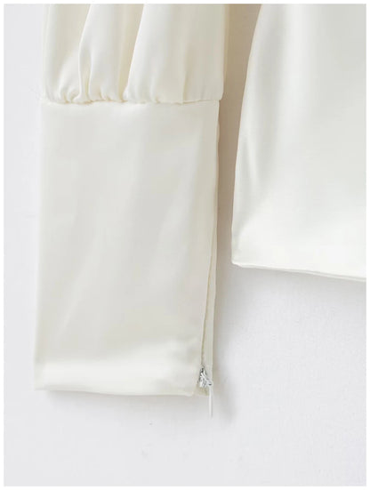 Womens Satin Textured Backless Blouse With Bow Detail Long Sleeves Elegant And Silky Women S Shirt Top For Everyday Casual Wear