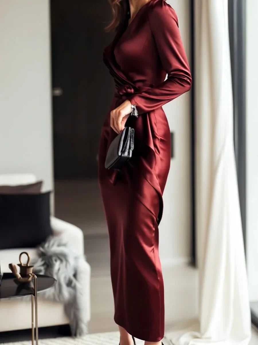 Crisluvᵀᴹ Elegant Satin V-Neck Long Sleeve Maxi Dress with Waist Belt