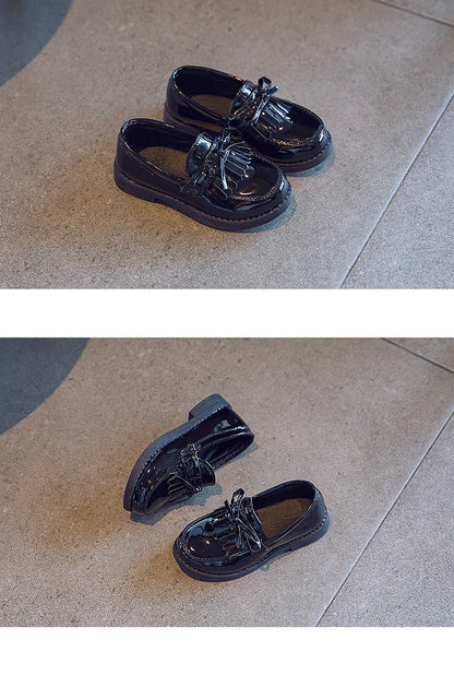 Girls Casual Leather Shoes Kids Flats Tassels with Bow-knot British Style Soft Slip-on Loafers for Wedding Party Bright Skin New