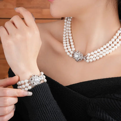 DREJEW Flower Multi-layer Pearl Jewelry Set for Woemn Fashion Bracelet French Fashion Light Luxury Temperament Accessories Sets