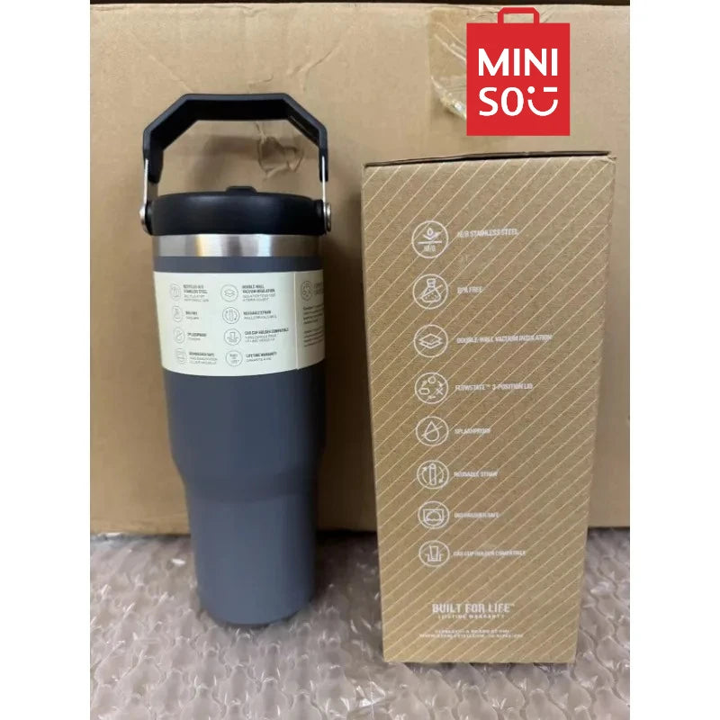 MINISO 30 oz Vacuum Thermos Cup with Treatment Double Layer Thermos Cup Stainless Steel Sports Water Bottle Hot and Cold Drinks