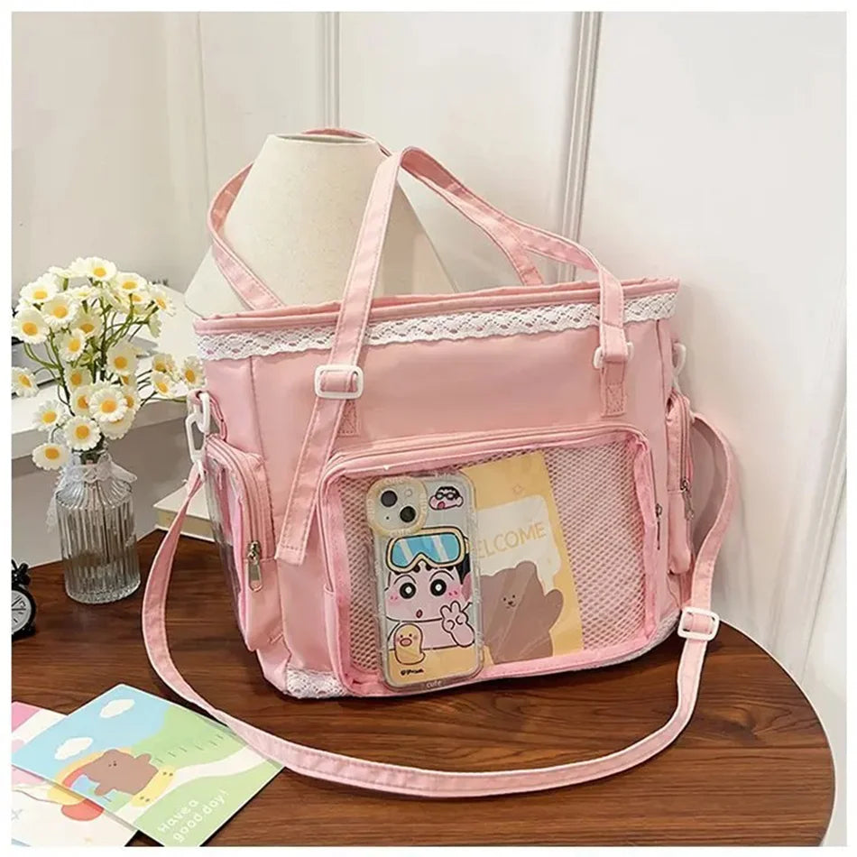 Japan Style Preppy Messenger Bag with Cute Bow Anime Shoulder Crossbody Bag For Sweet JK Girls Tote Bag