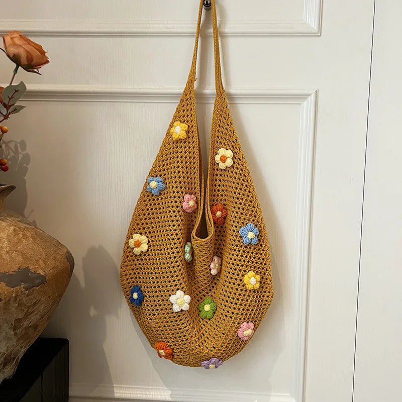 Hollow Mesh Knitted Shoulder Bag Beach Vacation Slouchy Chic Cartoon Tote Bag Lightweight Laid-Back Casual Woven Women Handbag