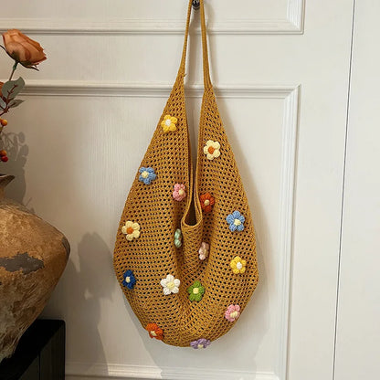Hollow Mesh Knitted Shoulder Bag Beach Vacation Slouchy Chic Cartoon Tote Bag Lightweight Laid-Back Casual Woven Women Handbag