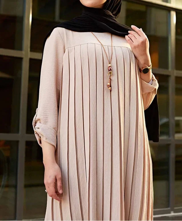 Crisluv™ Modest Pleated Long Shirt – Adjustable Sleeve Islamic O-Neck Top
