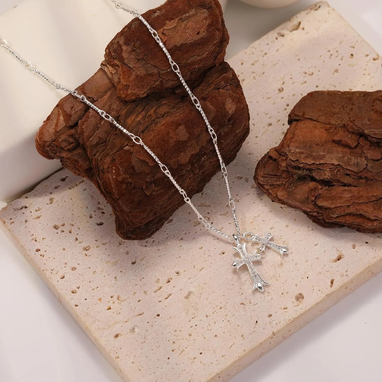 Cross Necklace K Gold/Silver Plated Double Cross Pendant Necklace Diamond Cross Link Chain Jewelry Religious Gifts for Women