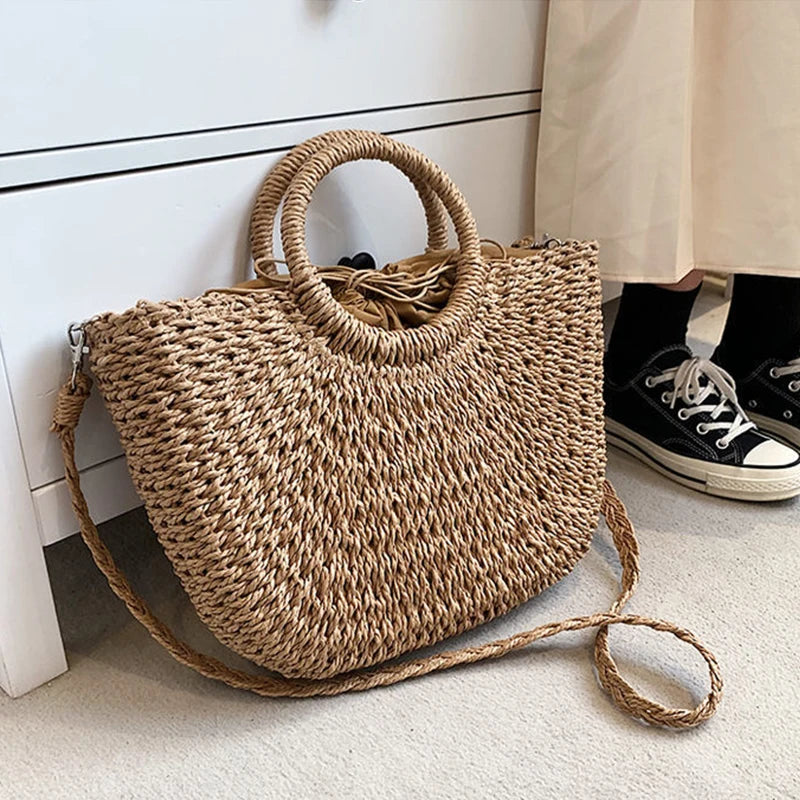 Straw Woven Handbags For Women Handmade Travel Seaside Beach Bag Summer New Handle Bucket Bag Shopping Tote Bag Basket Bolsa