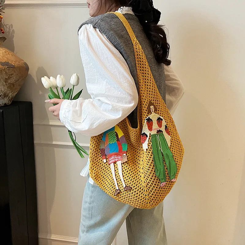 Hollow Mesh Knitted Shoulder Bag Beach Vacation Slouchy Chic Cartoon Tote Bag Lightweight Laid-Back Casual Woven Women Handbag