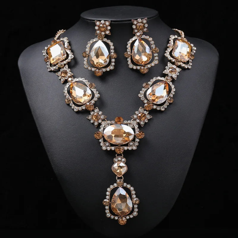 Wedding Jewelry Set Wholesale Big Beautiful Crystal Drop Earrings and Emerald Green Rhinestone Statement Necklace for Women