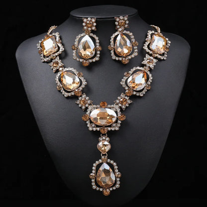 Wedding Jewelry Set Wholesale Big Beautiful Crystal Drop Earrings and Emerald Green Rhinestone Statement Necklace for Women