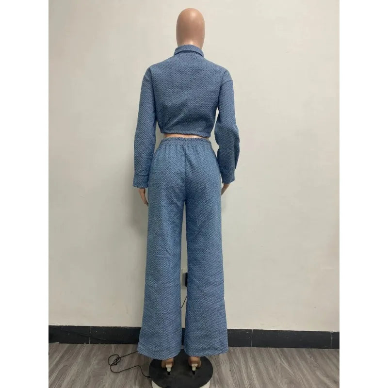Women Denim Pant Sets Two Piece Pants Sets Sexy Turn Down Collar Full Sleeve Coats Tops Jackets Long Pants High Elastic Waist