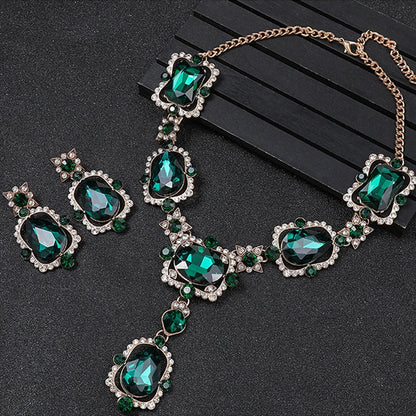Wedding Jewelry Set Wholesale Big Beautiful Crystal Drop Earrings and Emerald Green Rhinestone Statement Necklace for Women