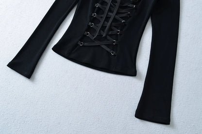 Crisluvᵀᴹ Women’s Y2K Lace-Up V-Neck Cropped Long Sleeve Top