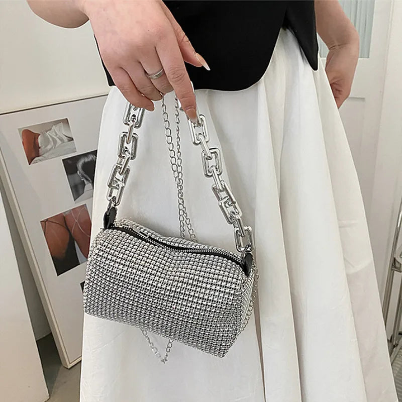 Allover Rhinestone Bucket Bag, Glitter Chain Prom Purse, Women&