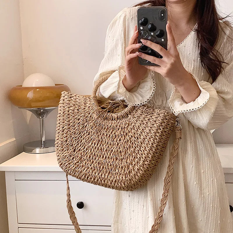 Straw Woven Handbags For Women Handmade Travel Seaside Beach Bag Summer New Handle Bucket Bag Shopping Tote Bag Basket Bolsa