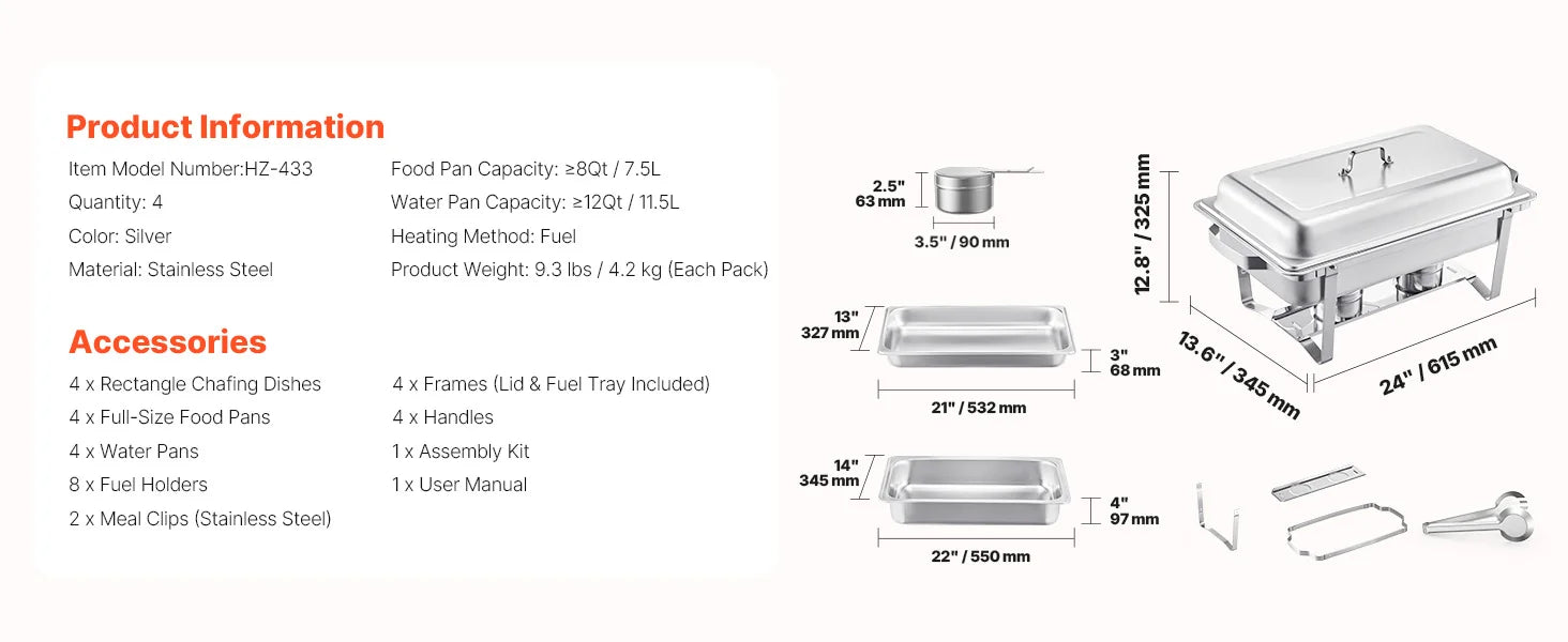 8 Qt Stainless Steel Chafing Dish Set 4-Pack