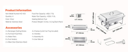 8 Qt Stainless Steel Chafing Dish Set 4-Pack
