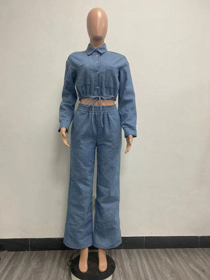 Women Denim Pant Sets Two Piece Pants Sets Sexy Turn Down Collar Full Sleeve Coats Tops Jackets Long Pants High Elastic Waist