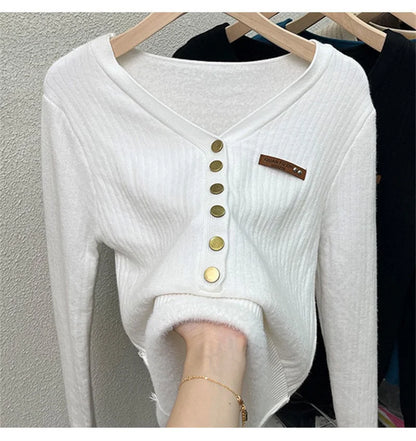 Thicken Women’s Velvet Lined V-Neck Knit Jumper