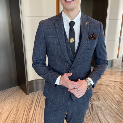 British Men’s Plaid Three-Piece Suit – Korean British Style Business Casual Blazer, Vest &amp; Trousers