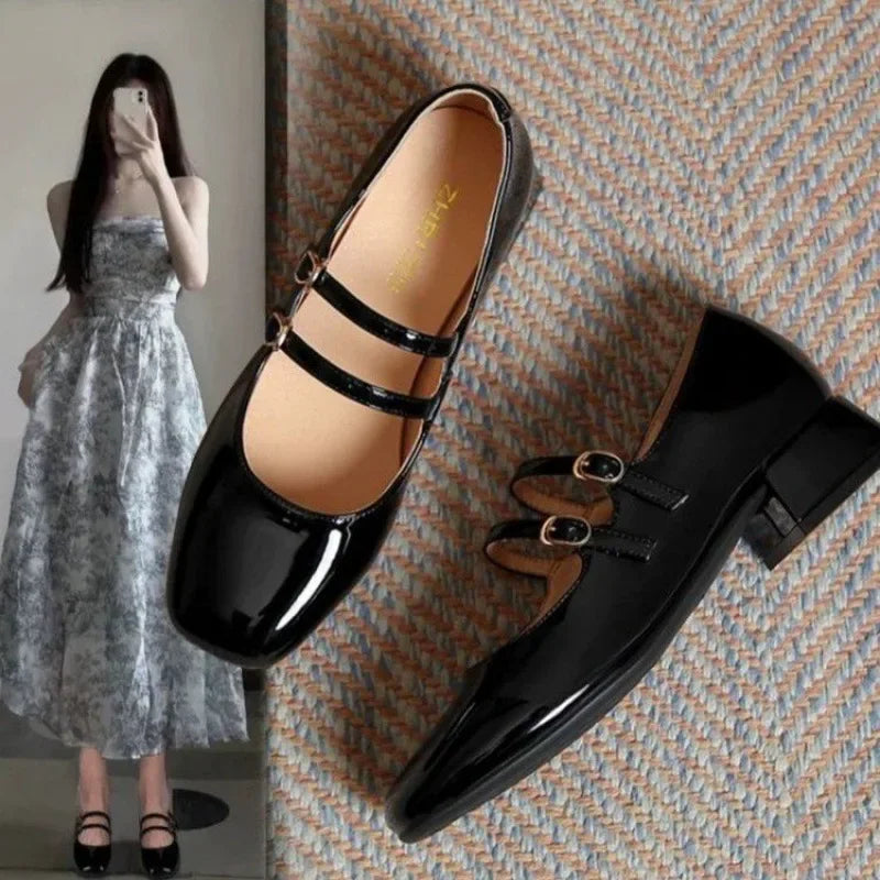 French Patent Leather Mary Jane Shoes – Retro Wine Red Slip-On with Buckle Low Heel