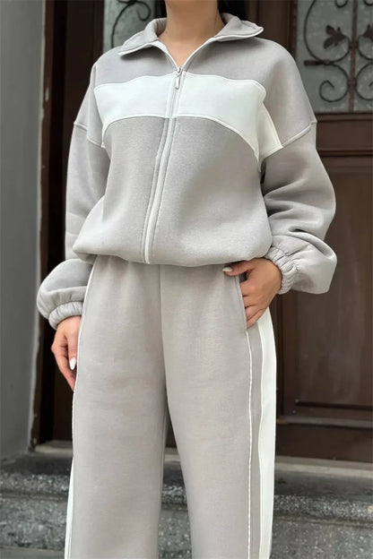 Casual High Neck Zipper Top And Straight Leg Pants Two Piece Set for women Comfortable Leisure