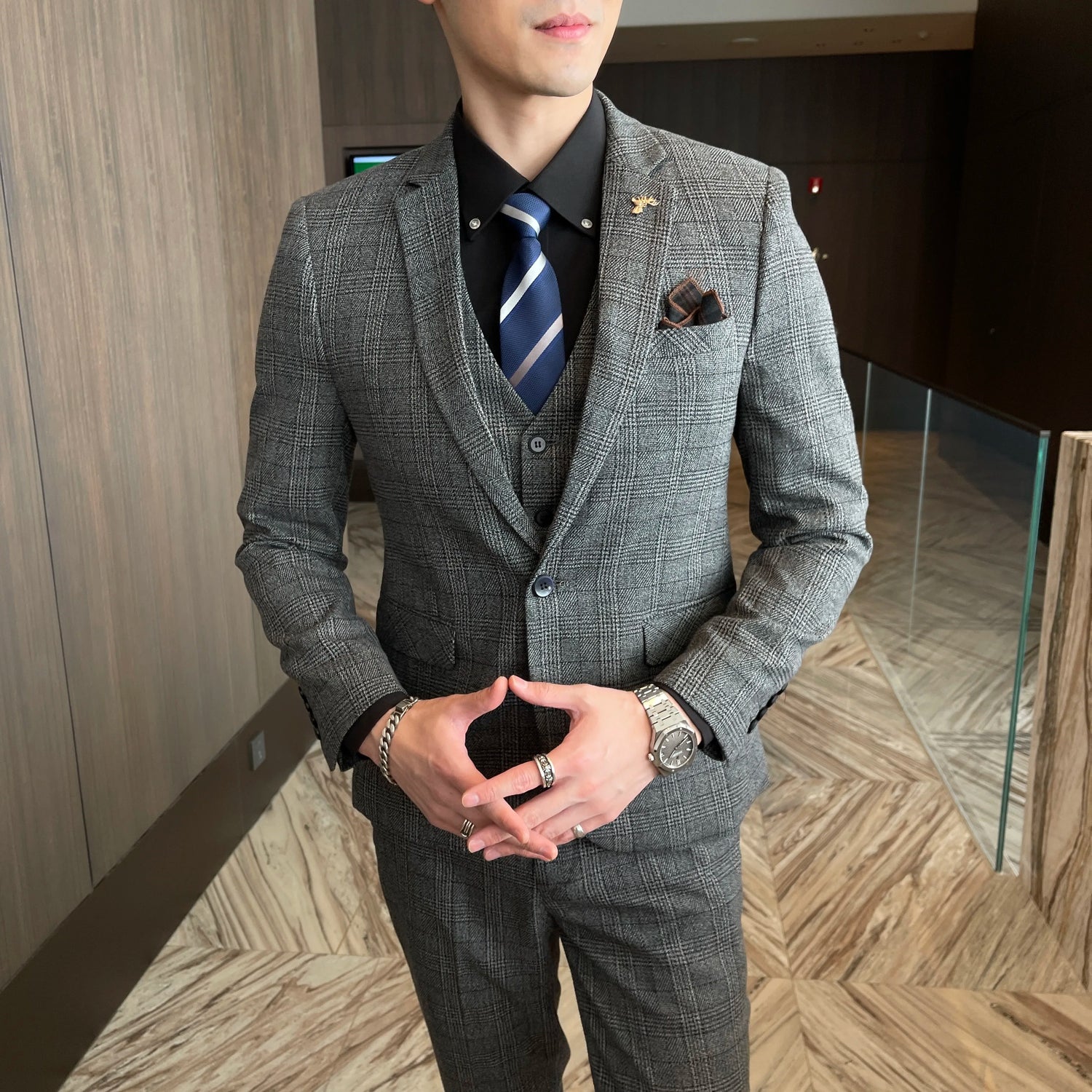 British Men’s Plaid Three-Piece Suit – Korean British Style Business Casual Blazer, Vest &amp; Trousers