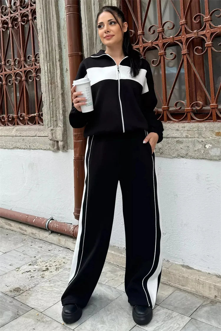 Casual High Neck Zipper Top And Straight Leg Pants Two Piece Set for women Comfortable Leisure