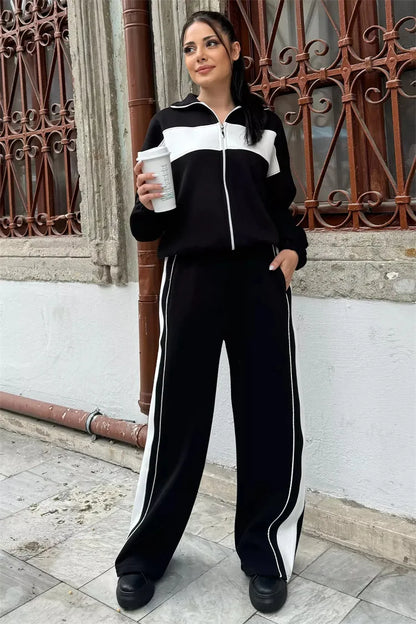 Casual High Neck Zipper Top And Straight Leg Pants Two Piece Set for women Comfortable Leisure