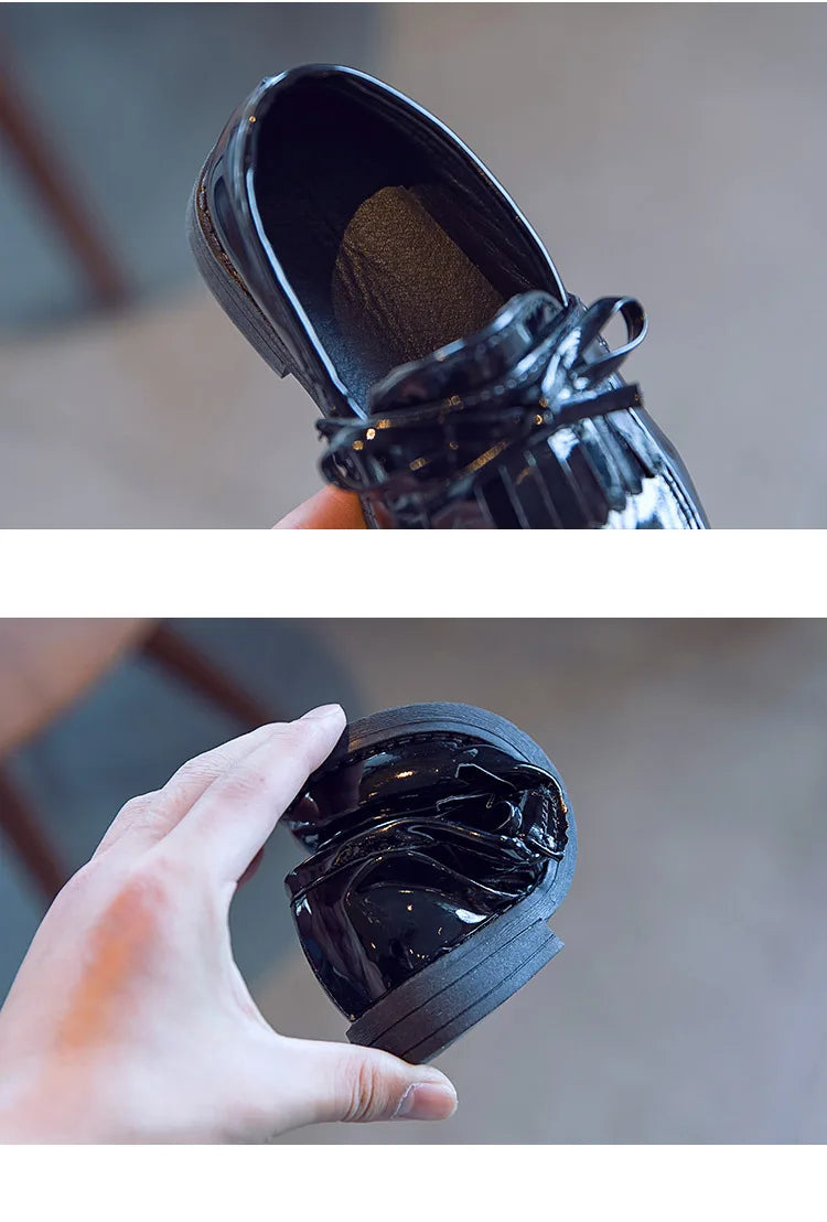 Girls Casual Leather Shoes Kids Flats Tassels with Bow-knot British Style Soft Slip-on Loafers for Wedding Party Bright Skin New