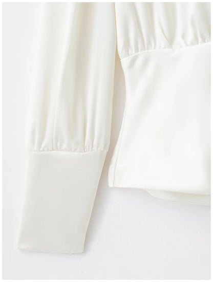 Womens Satin Textured Backless Blouse With Bow Detail Long Sleeves Elegant And Silky Women S Shirt Top For Everyday Casual Wear