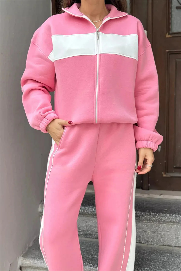 Casual High Neck Zipper Top And Straight Leg Pants Two Piece Set for women Comfortable Leisure