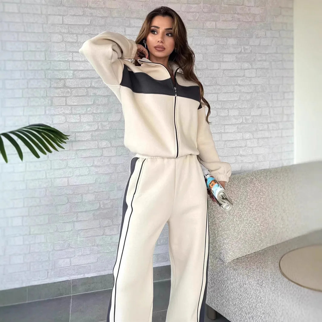 Casual High Neck Zipper Top And Straight Leg Pants Two Piece Set for Women Street Style Color Block Striped Comfortable Leisure