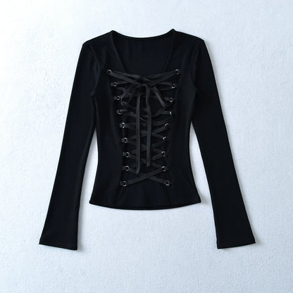 Crisluvᵀᴹ Women’s Y2K Lace-Up V-Neck Cropped Long Sleeve Top
