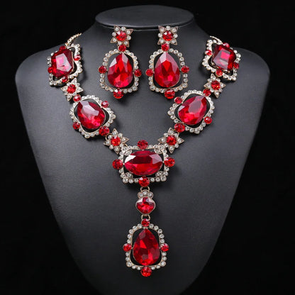 Wedding Jewelry Set Wholesale Big Beautiful Crystal Drop Earrings and Emerald Green Rhinestone Statement Necklace for Women