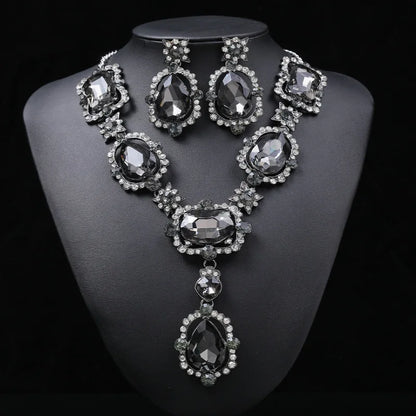 Wedding Jewelry Set Wholesale Big Beautiful Crystal Drop Earrings and Emerald Green Rhinestone Statement Necklace for Women
